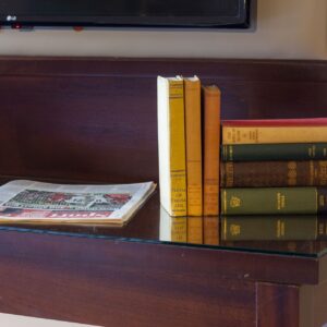 shot of books and newspaper